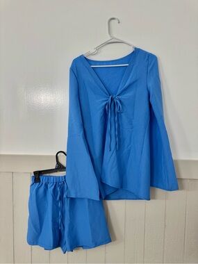Blue Two-Piece Tie-Front Top & Shorts Set